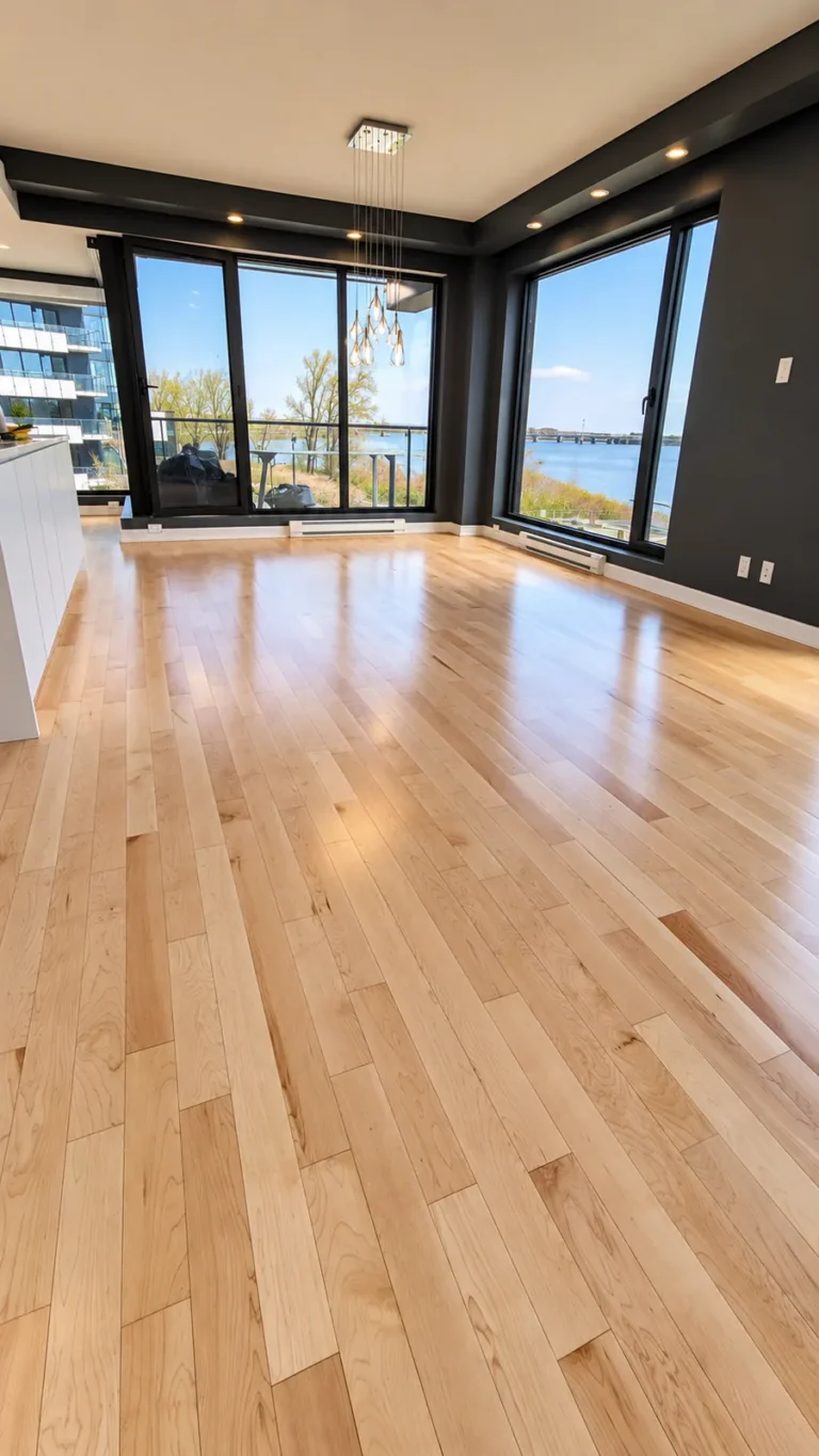 Plancher de bois clair dans un condo aux grandes fenêtres.