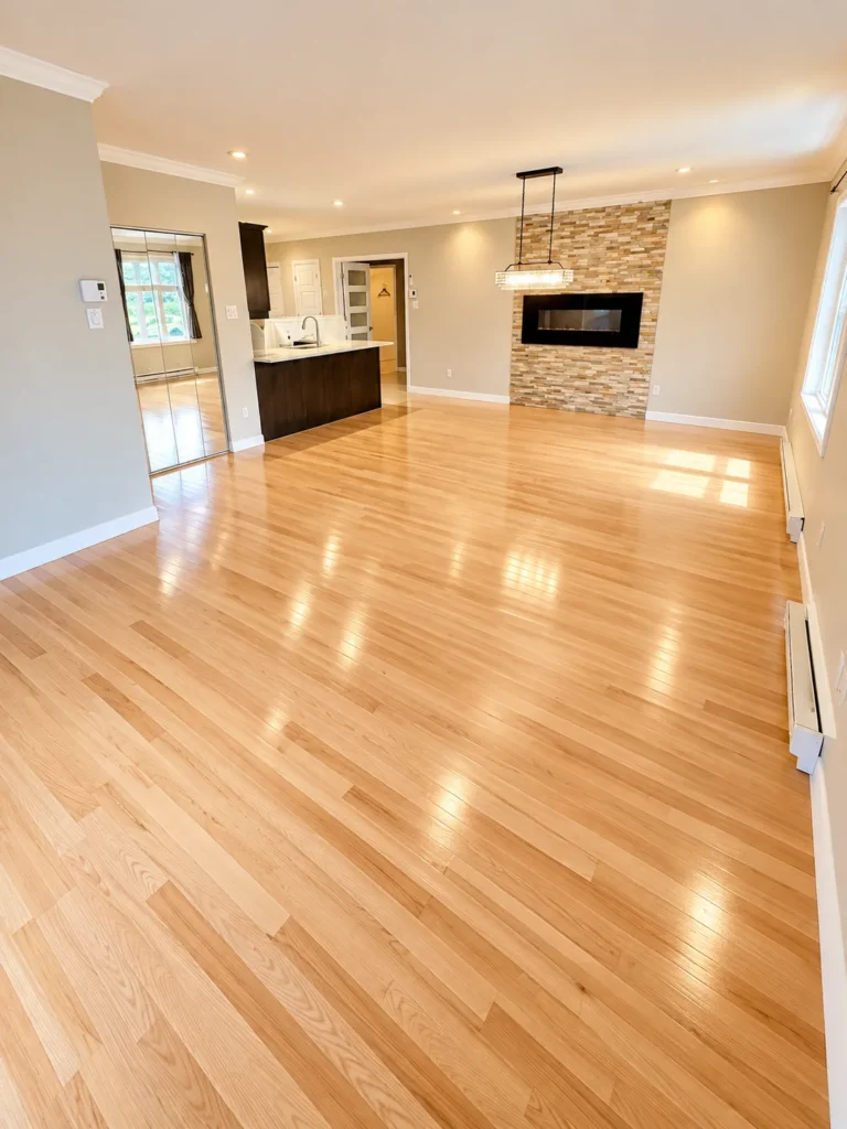 Plancher de bois doré dans un salon avec foyer en pierre.