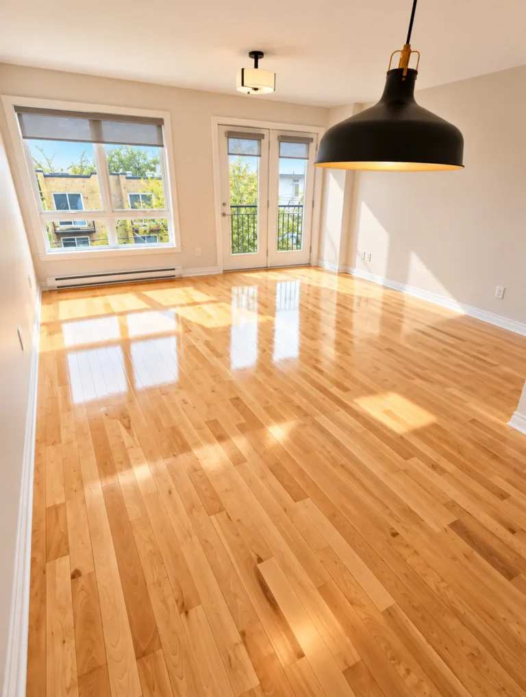 Plancher de bois lumineux dans une salle à manger.