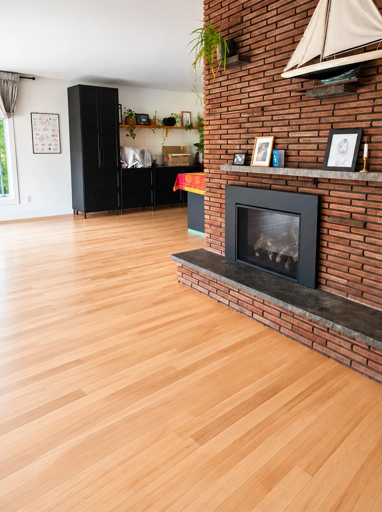 Plancher de bois clair dans un salon avec foyer de brique.
