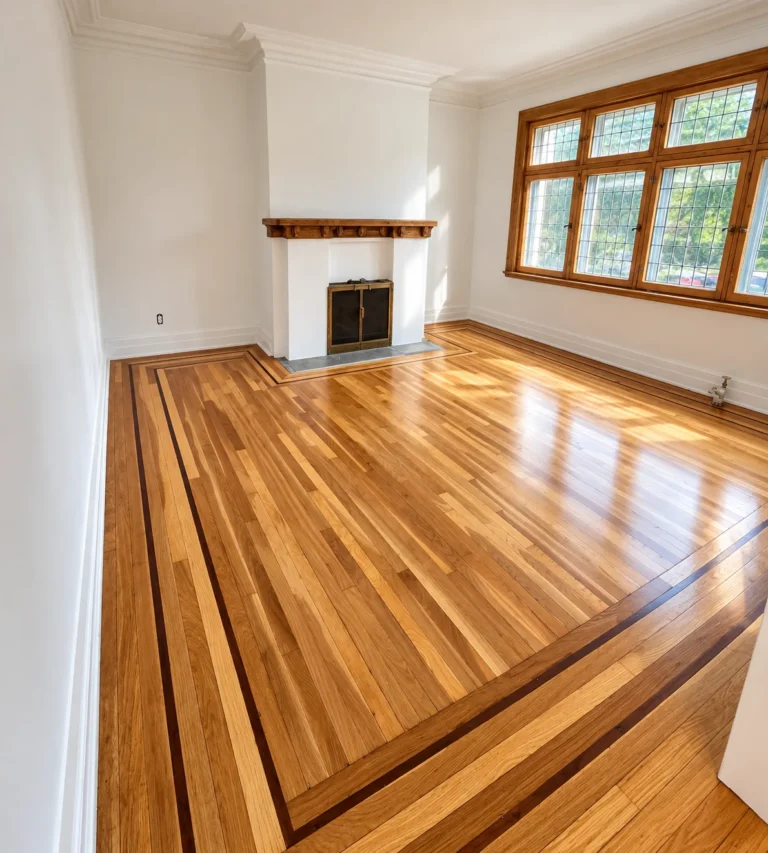 Plancher de bois aux bordures foncées dans un salon lumineux avec foyer.