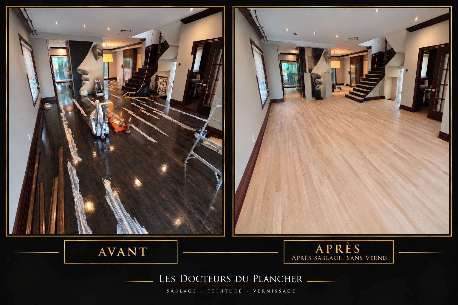 Comparaison d’un plancher foncé et du même plancher après sablage, sans vernis.