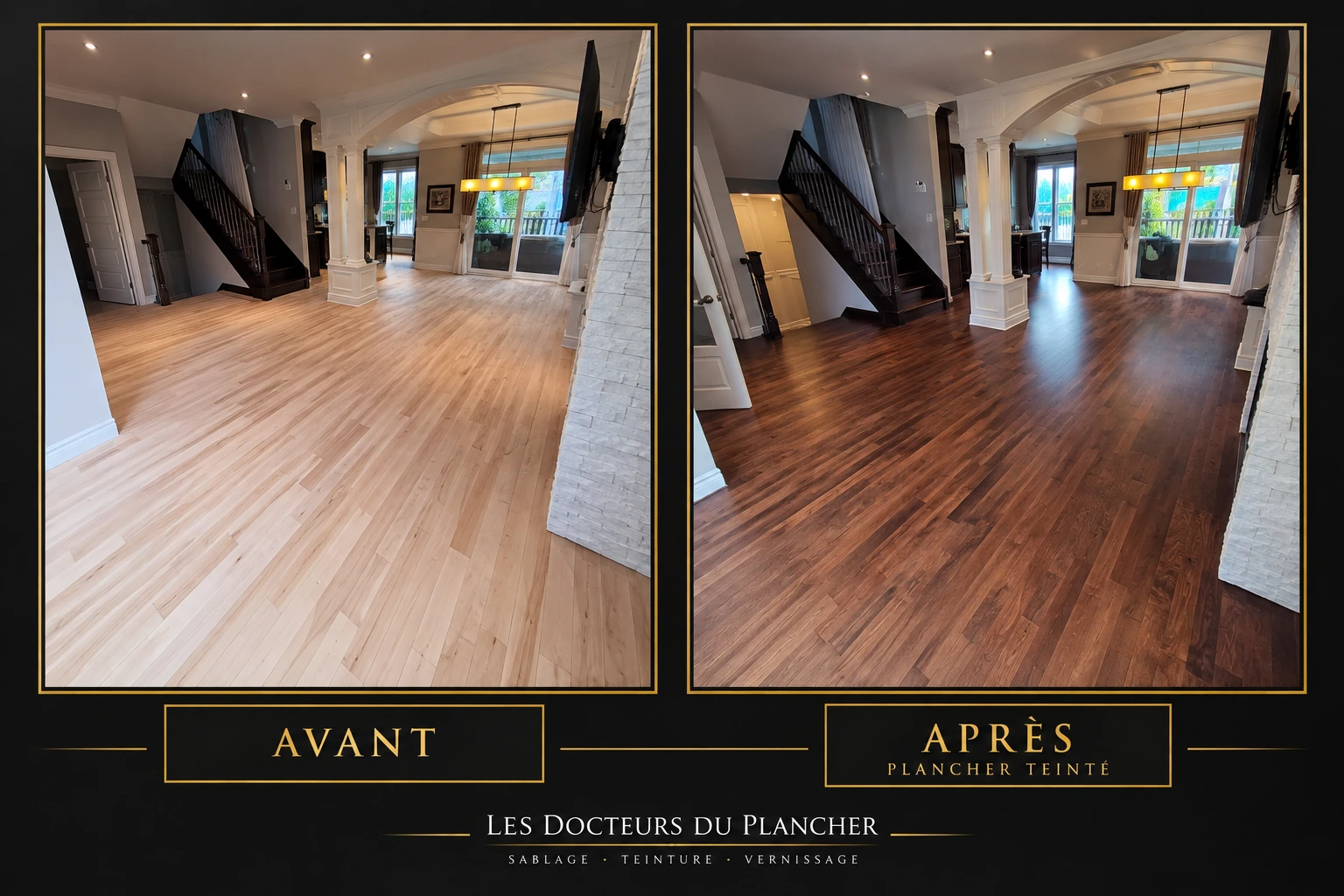 Avant et après teinture d’un plancher : bois clair à gauche et teinte plus foncée à droite.